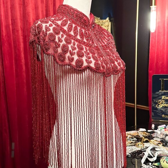 Red Fringe Cape, Rhinestone Beaded Shawl, Luxury Sequin Cape, Festival Outfit - Picture 10 of 13